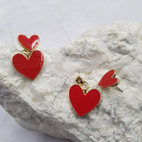 Red Enamel Double Heart Dangle Earrings