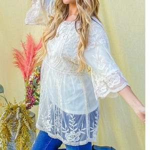Boho Floral Embroidered Mesh Tunic Top with Lining Off White