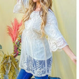 Boho Floral Embroidered Mesh Tunic Top with Lining Off White