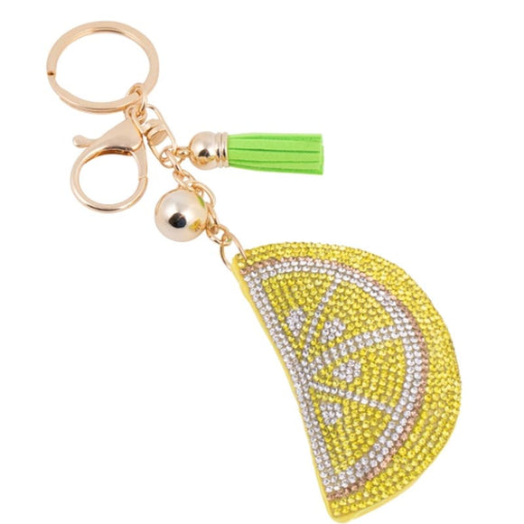 Bling Crystal Yellow Citrus Lemon Tassel Keychain Keyring Bag Purse Charm