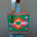 Green, Pink & Orange Western Woven Cotton Tote Bag | Boho Pom Tassel Tote