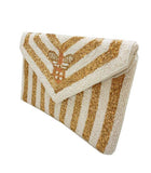 Gold & White Stripe Beaded Bee Clutch
