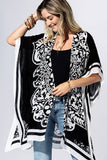 Coal Black & White Damask Floral Open-Front Kimono