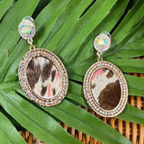 Cowboy Killer Oval Crystal Western Cowhide Earrings