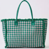 Gingham Check Terry Cloth Frayed Tote Bag in Pink & Green