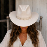 Bone Faux Leather Hat Band with Silver-Tone Round Studs