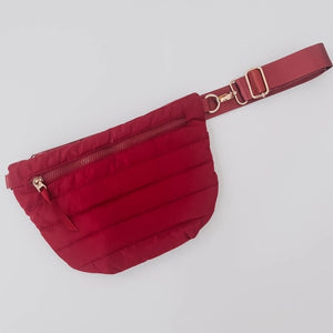 Crimson Red Quilted Puffer Sling Belt Crossbody Bag