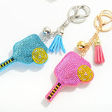 Blue Rhinestone Studded Puffer Pickleball Racket Keyring With Tassel