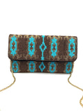 Gold & Turquoise Ikat Beaded Clutch with Crossbody Chain
