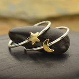 Artisan Sterling Silver Ring Set Tiny Bronze Celestial Moon and Star