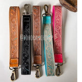 Hand Tooled Leather Wristlet Keychain Key Fob Skinny Turquoise