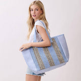 Nautical Stripe Paper Straw Tote Bag in Blue