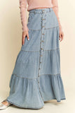 Denim Button-Front Ruffle Hem Maxi Skirt