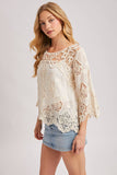 Boho Sheer Crochet Top - 3/4 Sleeve Lace Blouse Ivory