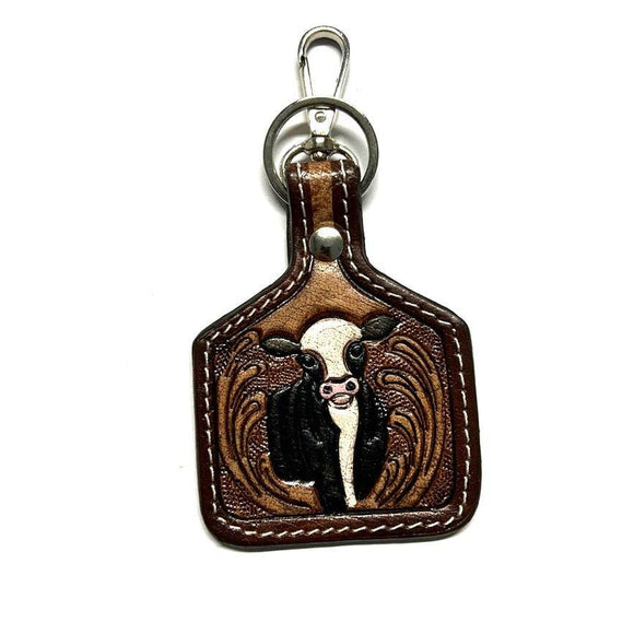 Western Black White Cow Tooled Leather Cattle Tag Key Chain Bag Charm