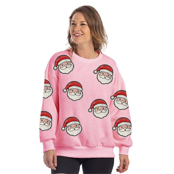 Sequined Santa Face Patch Sweatshirt Pink