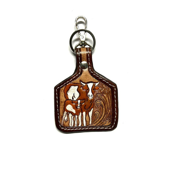 Western Cow Tooled Leather Cattal Tag Ket Chain Bag Charm
