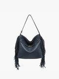 Eva Side Fringe Satchel | Decorative Piston Closure | Navy