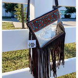Hand Tooled Leather Clear Purse Crossbody Concert Game Day Brown and Turquoise