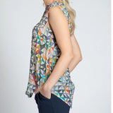 Multicolor Geometric Triangle Pop Print Button Up Sleeveless Blouse