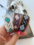 Western Aztec Seed Bead Leather Cuff Bracelet – Black & Gray