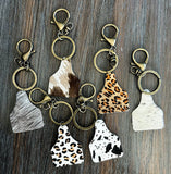 Tan Cheetah Print Western Cow Tag Keychain Bag Charm