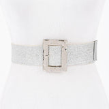 Rhinestone Square Buckle Straw Stretch Belt – Silver