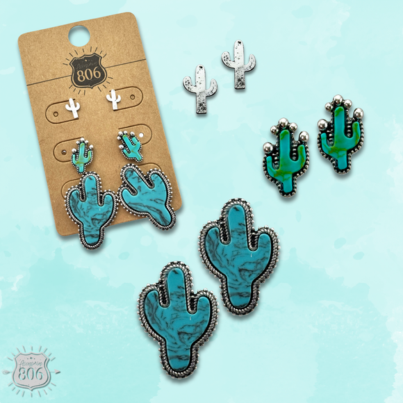 Turquoise and Silver Cactus Earring 3 Piece Set