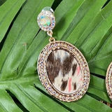 Cowboy Killer Oval Crystal Western Cowhide Earrings