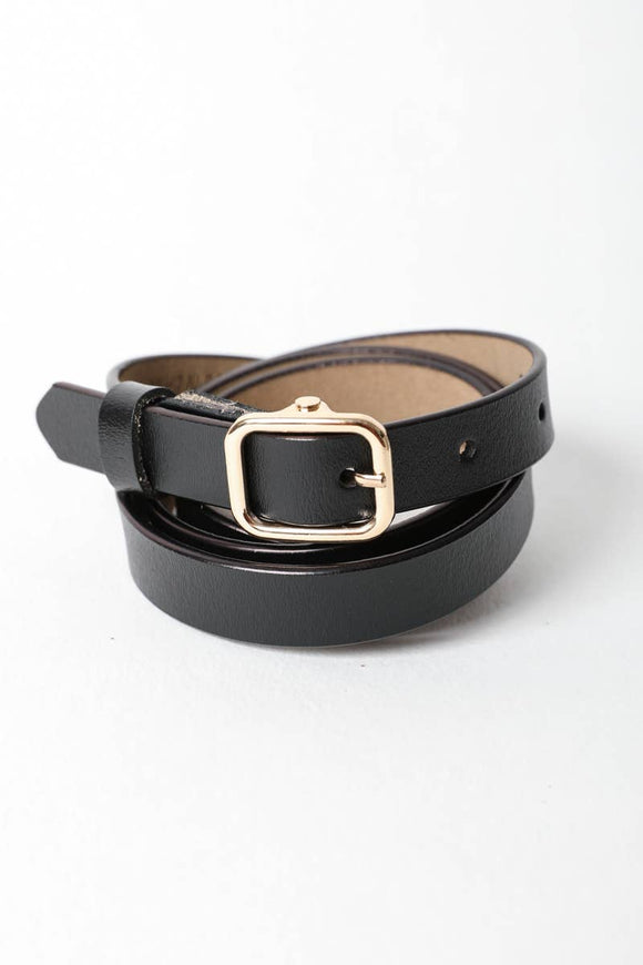 Versatile Skinny Classic Leather Gold Buckle Belt Black