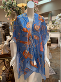 Satin Feel Kimono Ruana Beach Coverup with Tie Blue