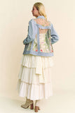 Floral Embroidery Mesh Denim Jacket | Sheer Panel Button-Front