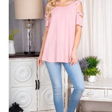 Crisscross Cold Shoulder Solid Top Dusty Pink