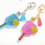 Pink Rhinestone Studded Puffer Pickleball Racket Keyring With Tassel