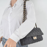 Quilted Denim Shoulder Bag Chain Strap Black