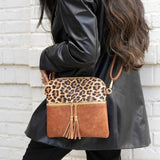 Nude Cheetah Print Crossbody Wristlet Front Zip Pocket Tassels