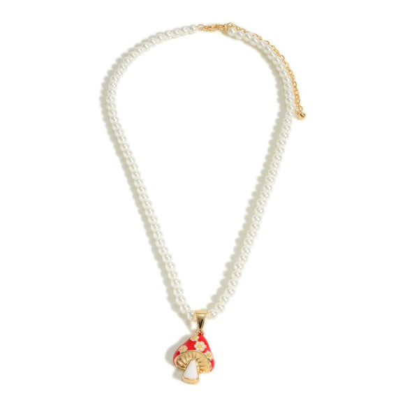 Pearl Beaded Necklace With Enameled Mushroom Pendant Red