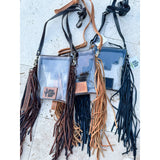 Shayne Small Hand Tooled Fringe Clear Crossbody Concert Stadium Bag Tan