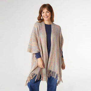 Hadley Fringe Shawl Wrap Ruana with Lurex Light Grey