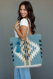 Light Blue, Cream & Tan Western Woven Cotton Tote Bag | Boho Pom Tassel Tote