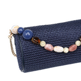 Rachel Woven Barrel Clutch | Navy with Beaded Handle & Chain Strap