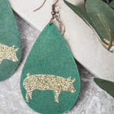 Lightweight Teardrop Earrings Gold Glitter Pig Green Cork Backed
