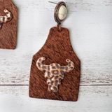 Take A Number Cowboy Brown Cowhide Copper Cow Skull Earrings