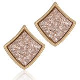 Druzy Stone Square Diamond Shape Stud Earrings Rose Gold