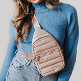 Shiny Taupe Quilted Puffer Sling Crossbody Bag