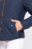 Suede Piping Detail Knit Rib Quilted Padding Jacket Navy