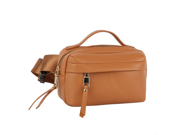 Triple Zip Top Handle Fanny Pack Belt Bag Sling Bag Tan
