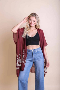 Lightweight Floral Embroidered Tassels Boho Festival Kimono Wrap Rosewood