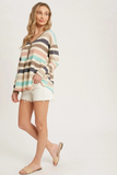 Multicolor Stripe French Terry Babydoll Top - Button Front Long Sleeve