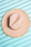 Boho Fringe Edge Woven Straw Panama Sun Hat Pink Tan